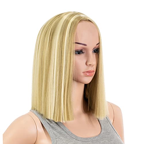 Swacc 12 Inch Short Length Straight Middle Part Hair Wig Synthetic Heat Resistant Wigs For Women With Wig Cap (Dirty Blonde Highlights) #TOP3