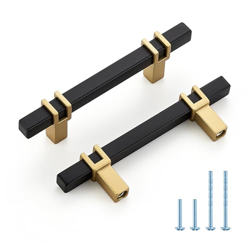 HOME EDIT 3 inch Cabinet Handles, 1 Pack Kitchen Cabinet Handles Matte Black and Gold Drawer Pulls Zinc Alloy Square Bar Kitchen Pulls