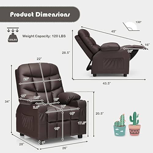 Kid Recliner Chair With Cup Holder, Adjustable Leather Lounge Chair With Footrest, Side Pockets For Living Room (Brown) #TOP1