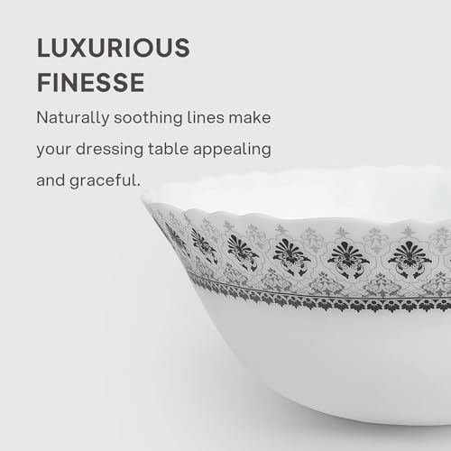 Image of CELLO Damask Imperial Plus Series Opalware Dinner Set of 27 Pieces For Family of 6 | Bone-Ash Free & Leadfree Opal Glass Microwave & Dishwasher Safe Crockery Plates & Bowls Set For Daily Use & Gifting