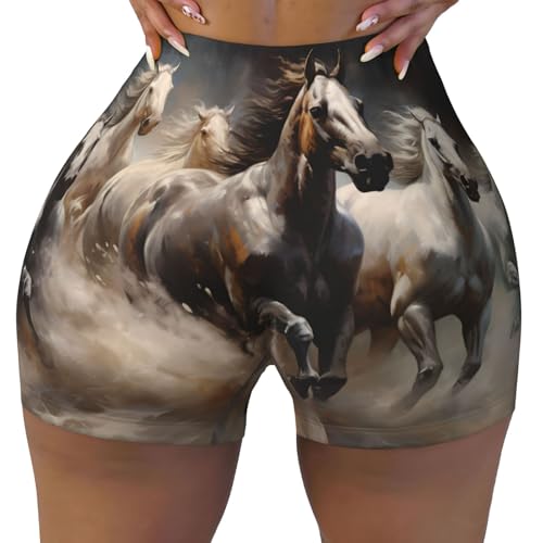 Running of The Horses Pattern Sports Shorts, high Elastic Slim Fitness Pants, Suitable for Yoga/Leisure/Daily wear