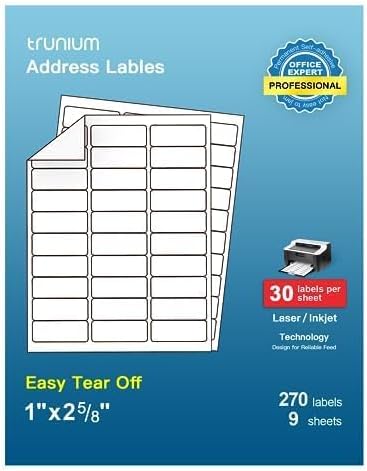 Etiquetas de dirección, etiquetas de envío TRUNIUM de 1 pulgada x 2-58 pulgadas, 9 hojas, 270 etiquetas