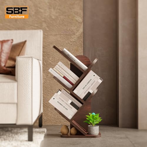 Image of SBF Furniure 5-Tier Modern Tree Bookshelf - Freestanding Black Bookcase for Home & Office | Space-Saving Vertical Display Shelf for Books, Decor & Plants (Brown)