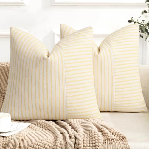 YCOLL Farmhouse Pillow Covers 16x16, Modern Accent Square Throw Pillow Covers Set of 2, Yellow and Beige Striped Patchwork Linen Decorative Pillows Cushion Covers for Couch Chair Bedroom Home Decor