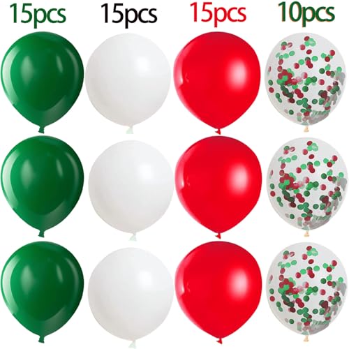 Image of Red White Green 12inch Balloons with Confetti Balloons for Wedding, Birthday, Baby Shower, Christmas, Family Parties Decoration(55Pcs)