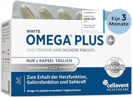 Omega 3 Kapseln hochdosiert - Vergleichssieger 2026 - nur 1 Kapsel täglich - 400mg EPA + 300mg DHA - ohne Aufstoßen - hochreines Fischöl in Triglycerid-Form, laborgeprüft - White O