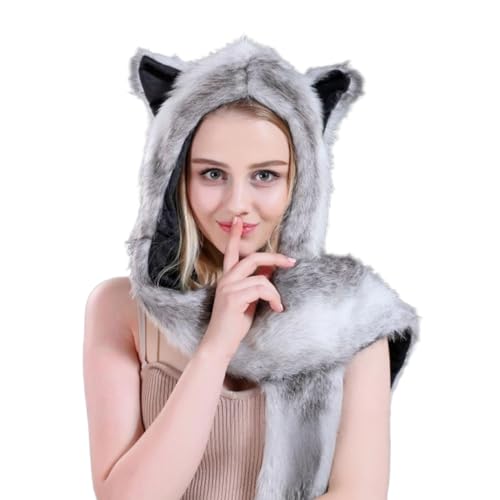 Faux Fur Animal Hat 3 in 1 Novelty Hood Earflap Cap Scarf Mitten Hoodie with Paw Pocket Plush Beanie Party Costume3