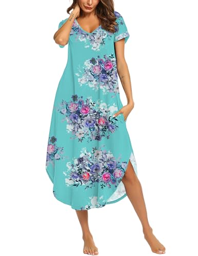 Image of Ekouaer Long Nightgowns for Women Short Sleeve House Dress with Pockets V Neck Sleepshirts Side Split Sleepwear S-4XL