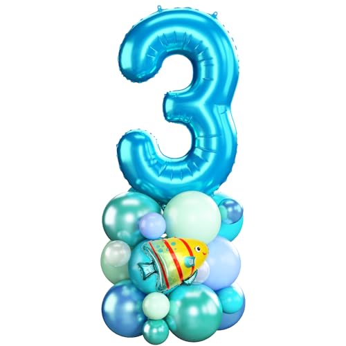 Blue Number 3 Balloon 40 Inch Ocean Under the Sea Number Three Foil Balloons Tower with Shark Bubble Fish for Boys Third 3rd Birthday Party Decor Green Underwater Digital Aluminum Balloons Stack