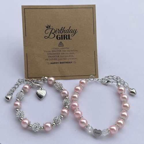 Image of DOLON 2 Pcs Imitation Pink Pearls Crystal Beads Heart Charm Bracelets Gift for Granddaughter,Sister,Daughter with Graduation Birthday Christmas First Day Wish Card