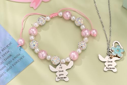 Image of Cute Bracelets Necklace Jewelry Set for 2 Pink Pearl Bracelets Beautiful Gift,Birthday Christmas for Women