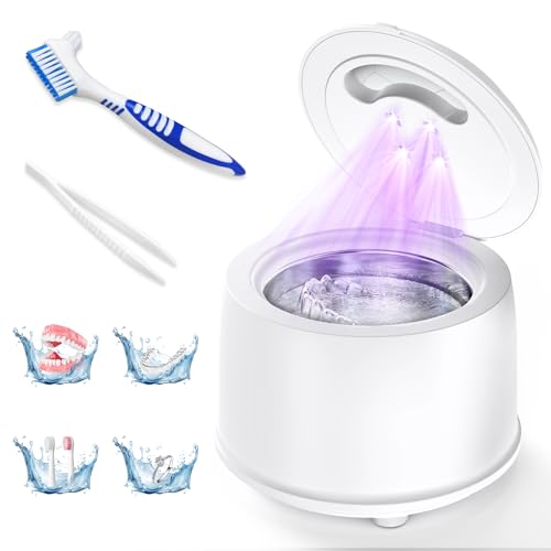 Limpiador Ultrasonidos 45kHz, 200ml, 4 Modos, Lampara UV, 25W Máquina Limpiadora de Dentaduras Postizas Para Alineadores, Postizas, Alineadores, Retenedores, Aparatos de Ortodoncia (Blanco)