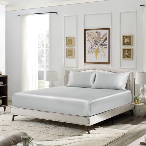Image of SiinvdaBZX 3-Piece Set Satin Full Fitted Sheet & 2 Pillowcase, Silver Grey Silky Soft Fitted Bottom Sheet, Wrinkle Free, Fade Resistant, Deep Pocket Bed Sheet (Deep Up to 15 inch)