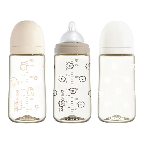 Image of UBMOM PPSU Baby Bottle for Breastfeeding Babies, Anti-Colic Wide-Neck Non-Tip Stable Base, Nipple M Level(3~6M), Easy to Clean Natural Baby Bottle Bundle 280ml, 9.47oz (3pcs Set)