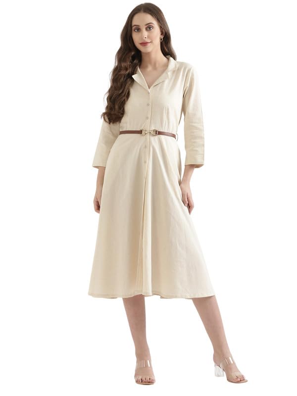 Image of SAADAA Women Cotton-Linen Blend Flared Dress | Midi Dress with 3 /4 Sleeves, Adjustable Waist Belt & Pockets | Below Knee Casual Dress for Office, Travel & Everyday Wear