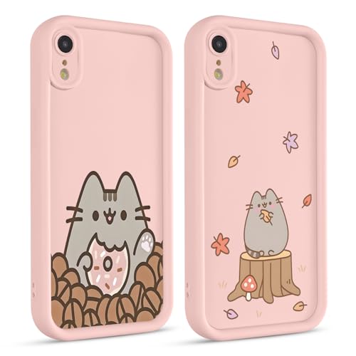 Yimctoie 2 Piezas Cute Cat Funda para iPhone XR 6.1', Kawaii Anime Pusheen Lindo Gato Dibujos Animados Diseño Manga Carcasa Suave TPU Protectora Antichoque Bumper Case Cover,Hojas