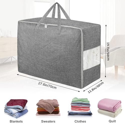 105L Extra Large Storage Bags, Folding Moving Comforter Blanket Storage Bags Closet Organizers and Storage Containers for Clothes with Strong Handles&Zippers Clear Window for Bedding Pillow Grey 4Pack by Besslly - Image 3