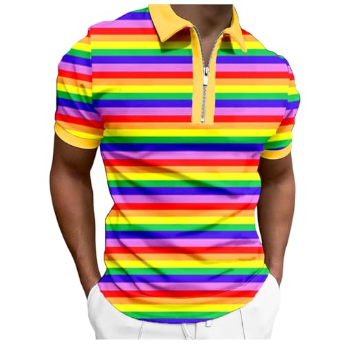 Image of 2026 Polo Shirt Men's Zip Rainbow Stripe Short Sleeve T-Shirt, yellow, XXL
