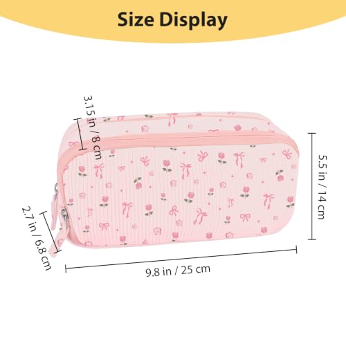 Image of FINPAC Pencil Case, Corduroy Triangle Makeup Bag, Kawaii Pen Bag Pouch Holder Box Organize for Study, Office, or Travel (Pink Rose Bow 2)
