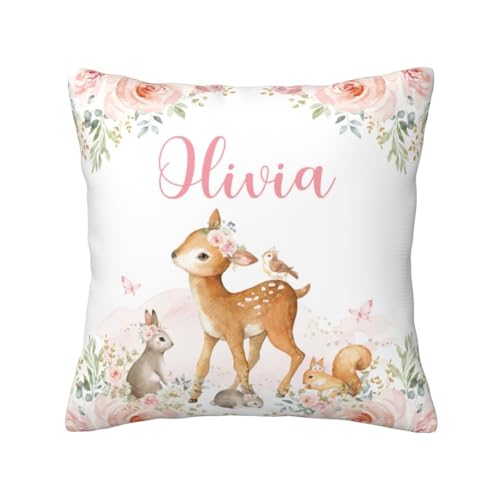 Cute Watercolor Woodland Animals Deer Pink Floral Personalized Girls Name Throw Pillowcase, Custom Granddaughter Birthday Gifts Pillow Cover Bed Decor 12