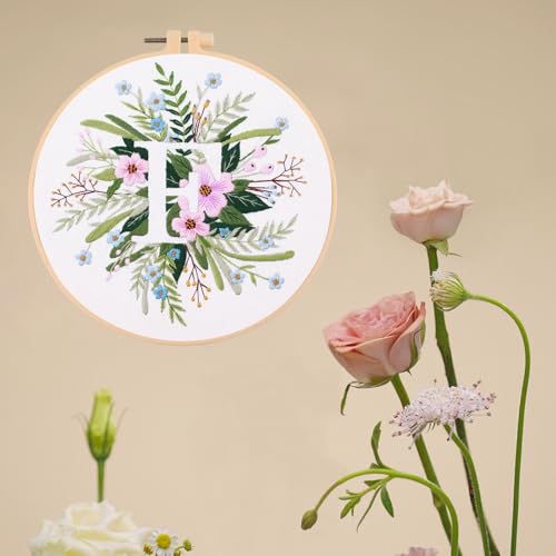 Image of IUHUI Embroidery Kit for Beginners Adults - 26 Floral Letters Easy Patterns, DIY Hand Stitching Embroidery Set with Hoop (Flower and Grass Letter F)