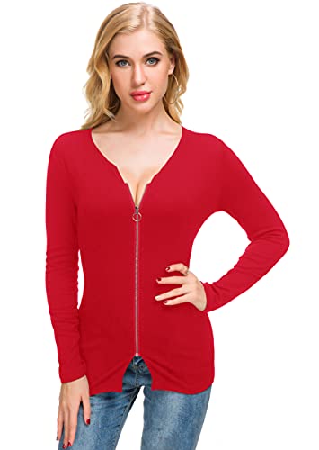 Image of Afibi Women V Neck Zip Front Long Sleeve Casual Top Blouse Shirt /Cardigan