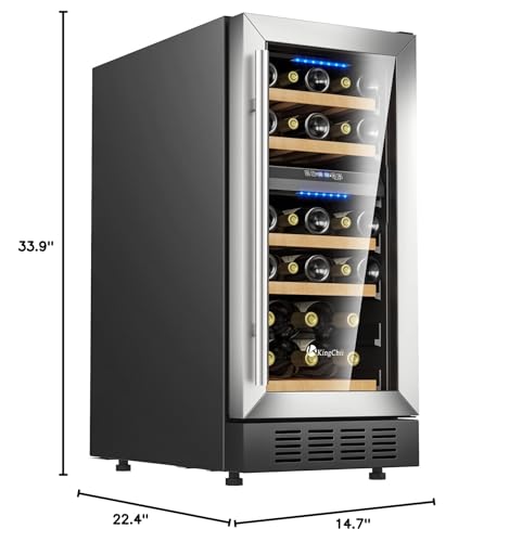 Image of KingChii 15 Inch 26 Bottle Dual Zone Wine Cooler Refrigerator Professional Compressor, Stainless Steel & Tempered Glass For Red Wine, Champagne - Built-in or Freestanding for Home, Kitchen, or Office