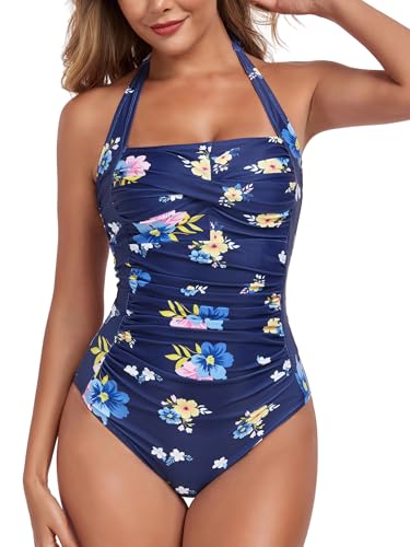 Image of Smismivo Tummy Control Swimwear Halter One Piece Slimming Vintage Retro Swimsuit Womens Ruched Push Up Bathing Suit
