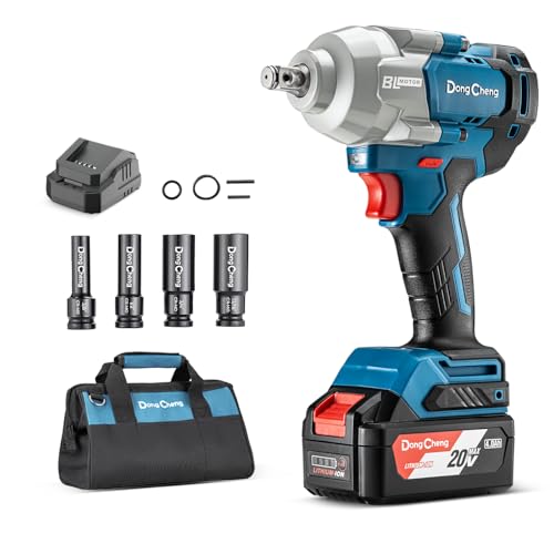 Dong Cheng 20V Cordless Impact Wrench, Max Torque 515 ft-lbs (698N.m), 1/2 inch with 4 Mode Speed, 2200 RPM Brushless Impact Gun, Includes 4.0Ah Battery, Charger, 4 Impact Sockets and Kit Bag