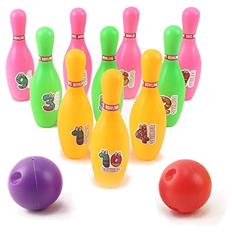 Vokodo 12 Pieces Deluxe Toy Bowling Play Set Includes 10 Pins and 2 Balls Carrying Case Colorful Educational Early Development Indoor Sport Alley Game for Toddlers Boy Or Girl Children Cover