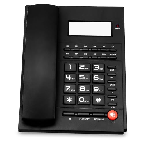 Téléphone fixe filaire noir avec écran LCD et touches de numérotation larges
