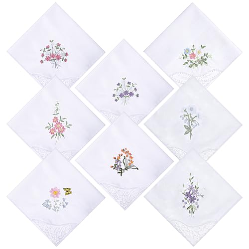 Vintage Floral Handkerchiefs for Women 8 Pcs Cotton Handkerchiefs with Single Corner Lace Style Soft Washable Ladies Handkerchief for Womens Girls Men Wedding Party Daily Use(Random Pattern)
