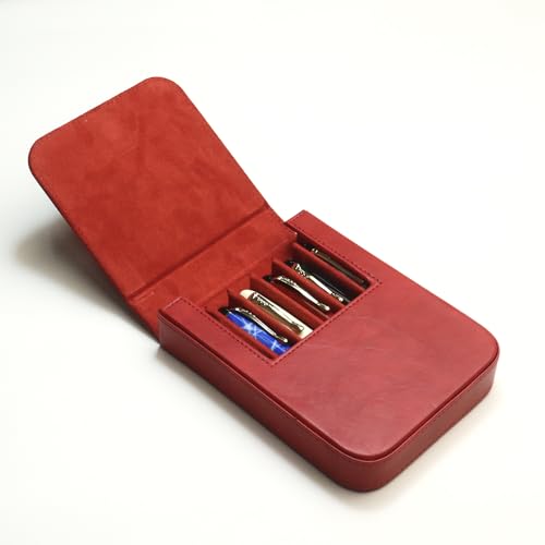 Image of 6Slots Leather Fountain Pen Case Collector Organizer - Handmade Pen Case Vintage Crazy Horse Print Leather Pen Protective Sleeve Cover Pen Storage Gift Box (6slot-Red)
