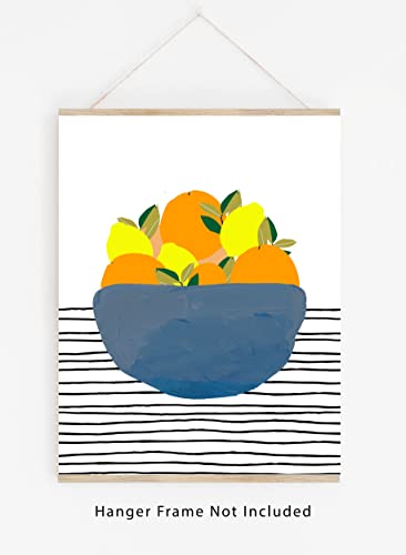 Abstract Fruit No.20 Bowl Of Oranges & Lemons Wall Art Print. 11X14 Unframed Modern Watercolor Kitchen Decor. Bright Shades Of Orange,Yellow, Green, Black & Blue On White. #TOP2