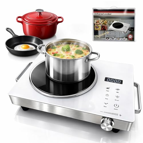 Electric Stove 3500W Infrared Ceramic Cooker Touch Control Hot Plate/Timer Crystal Glass Surface Smart Temperature Control Energy Saving & Safe Portable Single Burner for All Cookware (White)