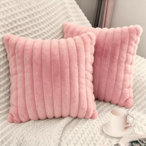 2 Pack 16x16 Pillow Cover Velvet Pillow Covers, Faux Fur Square Throw Pillow Covers for Living Room Decorations Throw Pillow Case, Throw Pillow Cover Cushion Cover for Sofa Bedroom Car, Light pink