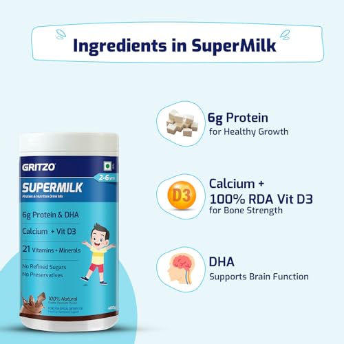 Gritzo SuperMilk Overall Growth (2-6y), 6g Protein Powder (Double Chocolate, 400g) | Zero Refined Sugar, 21 Vitamins & Minerals - Image 4