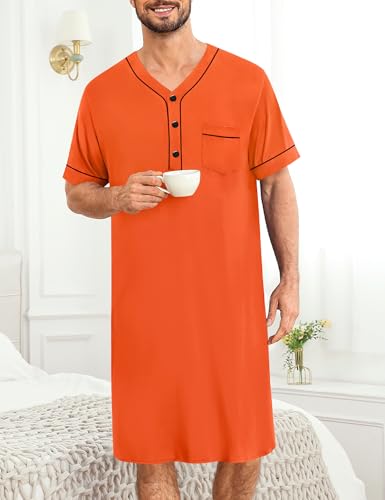Image of SWOMOG Mens Nightgown Short Sleeve Lounge, Sleep Henley Shirt Pajama Big & Tall Nightshirt Comfy Nightwear M-3XL