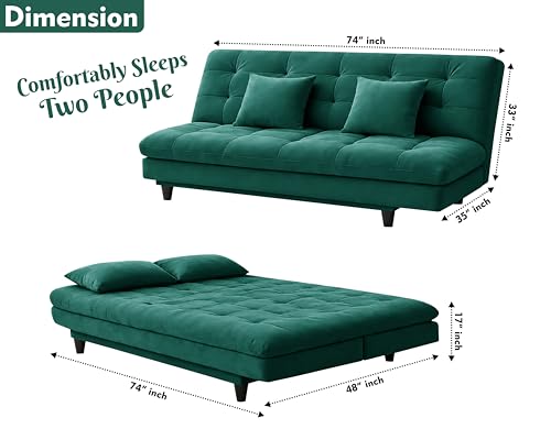 Image of Modern Foldable 3-Seater Futon Sofa Bed with Tufted Sleeper Couch Sofa with Adjustable Backrest- Living Room Furniture-Green