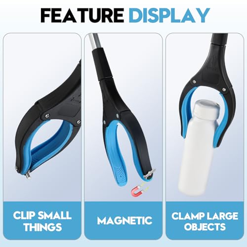 LINKINNO Faltbare Greifzange mit Magnet, Aluminium Müllzange Ergonomischer Greifer mit starkem Griff, Extra Langer Greifarm und 360° Drehkopf für Senioren(91cm, Blau)