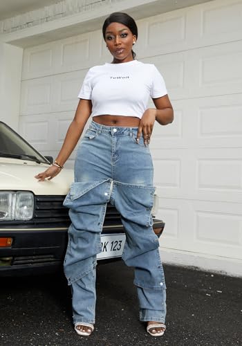 DINGANG Women's High Waisted Baggy Jeans Straight Leg Distressed Detachable Patchwork Loose Stretchy Trendy Denim Pants4