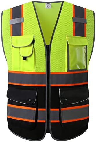 JKSafety 9 Pockets Class 2 High Visibility Dual Color Zipper Front MESH Lite Safety Vest | Orange Color Triming Reflective Strip | ANSI/ISEA Standards (100-Yellow-Black, XL)
