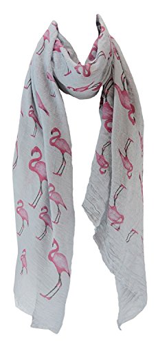 kukubird Flamingo Print Frayed Cotton Scarf/Shawl/Wrap/Pashmina - Grey