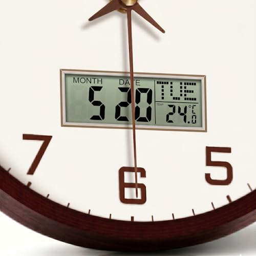 Image of STAR WORK Silent Non-Ticking Wall Clock 12 inch Inch Analog Clock & LCD Display | Calendar Date, Day, Temperature, Operated Decorative Clock for Living Room, Kitchen, Bedroom,Office (White Brown Digital)