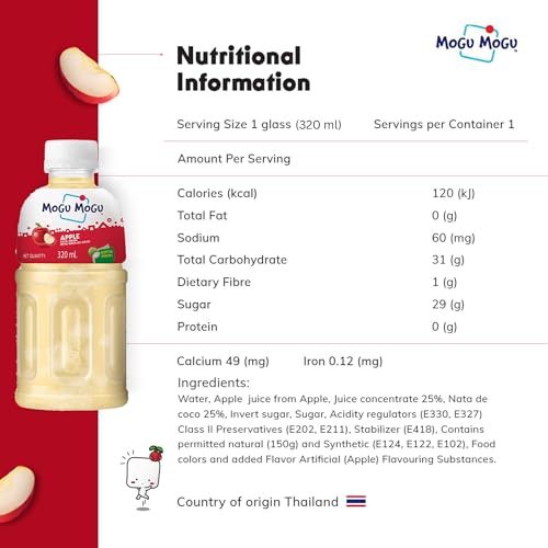 Image of Mogu Mogu Apple Juice Drink with Nata de Coco Jelly 320ml | Refreshing Tropical Thai-Made Sip & Chew Beverage