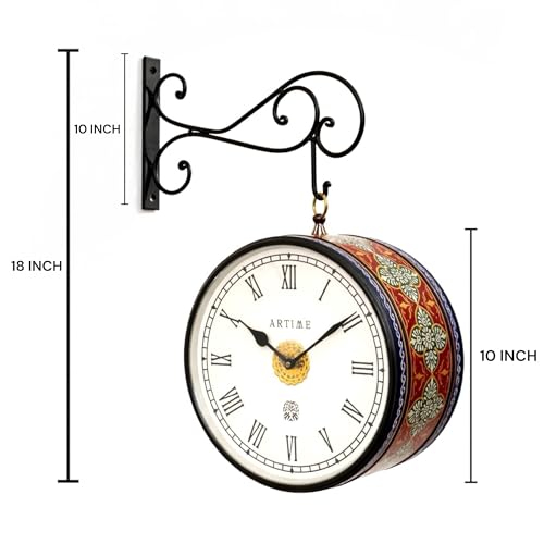 Image of Handcrafted Double Side Metal Analog Vintage Wall Clock | 1.5 Year Machine Warranty | 10 INCHES | 1 Side Number 1 Side Roman,Color (Blue Handprint)