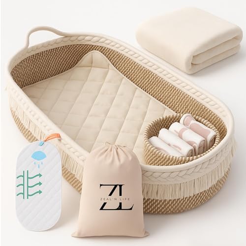 Image of Moses Basket by ZEAL'N LIFE, Baby Changing Basket with Baby Blanket, Washable Waterproof Pad Covers, Diaper Basket, Tote Bag, Portable Diaper Changing Pad, Moses Baskets for Newborn (Beige)