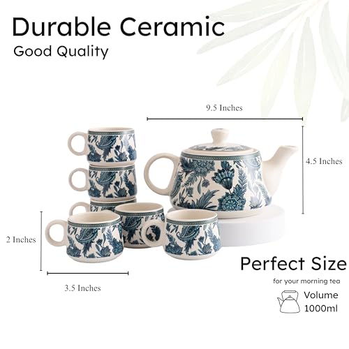 Image of miah decor Handcrafted Ceramic Morning Tea Set - 6 Tea Cups & 1 Kettle | White & Blue Print | Microwave & Dishwasher Safe | Elegant Tea Set for Home, Office & Gifting