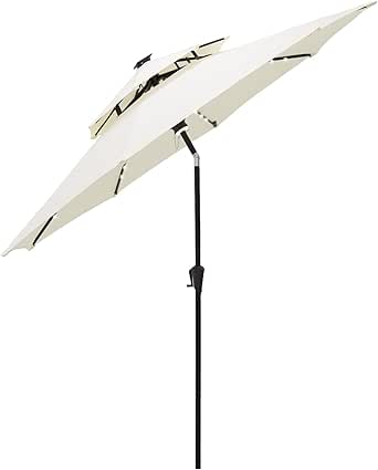 FLAME&SHADE 9 ft Double Top Solar Powered Outdoor Market Patio Table Umbrella with LED Lights and Tilt