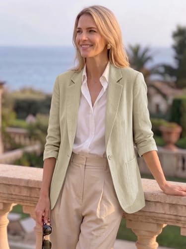 Image of Mina Self 2026 Summer Women's Linen Blazer Jacket - Lightweight Breathable 3 /4 Stretchy Ruched Sleeve Casual Work with Pocket